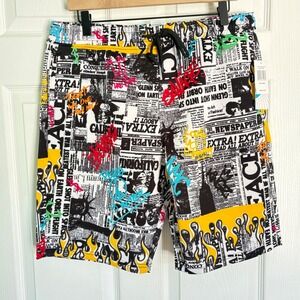 NEW Fresh Prints of Bel-Air Shorts Size L White Newspaper Graffiti Streetwear